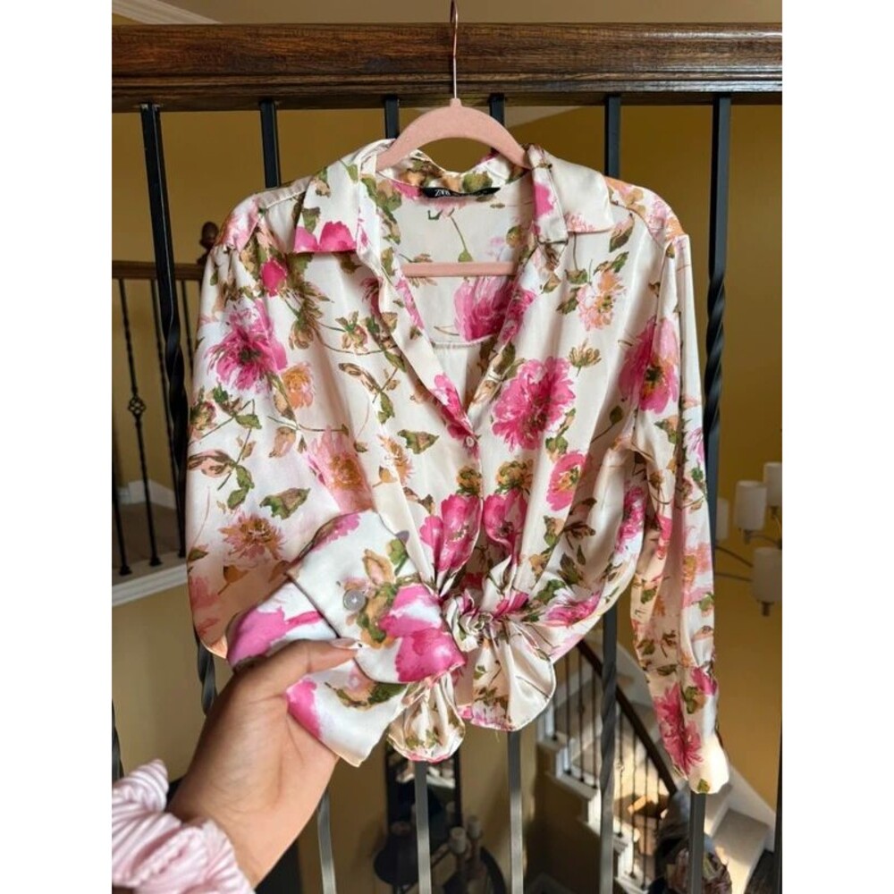 Floral Satin Long-Sleeve Button-Up Blouse